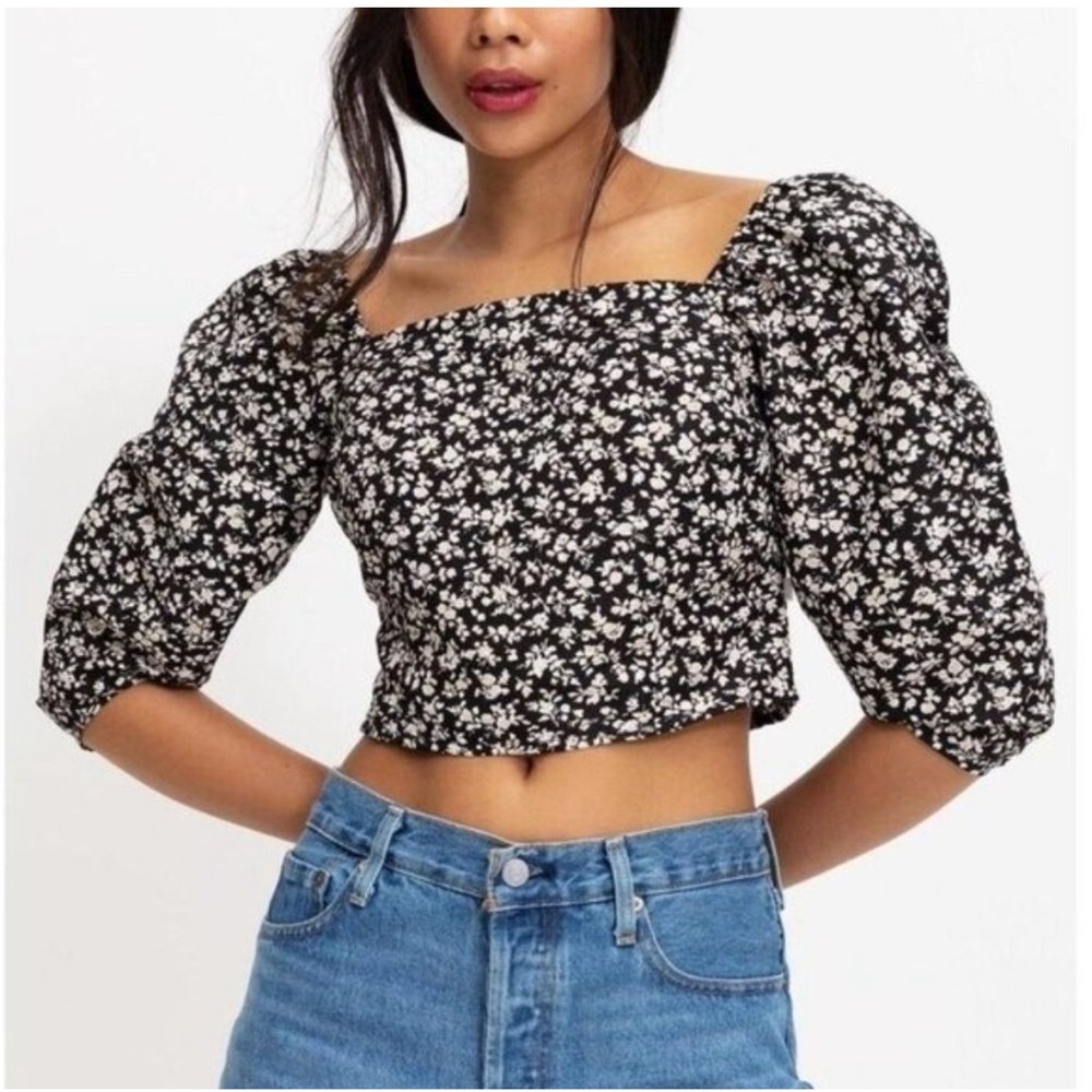 Levi's Yvie Floral Crop Top Womens M Puff Sleeve Blouse Peasant Cottage Smocked‎